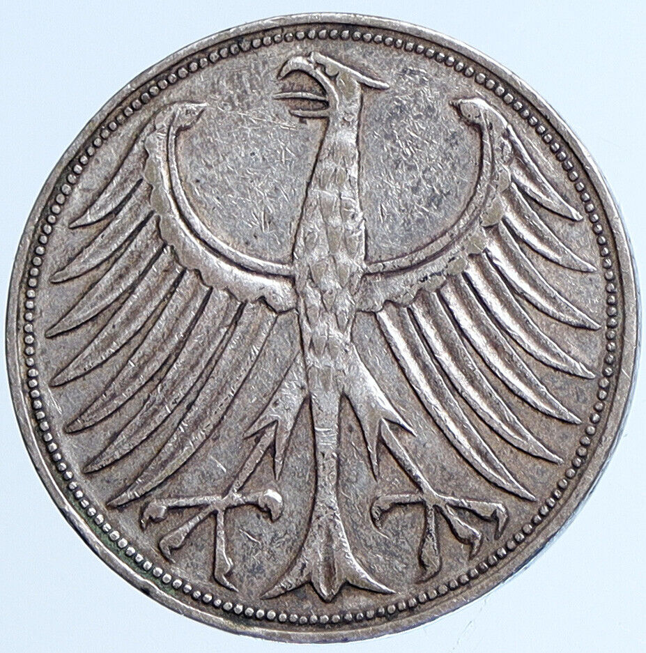 1951 F GERMANY Vintage Winged Eagle OLD German Large 5 Mark Silver Coin i113563