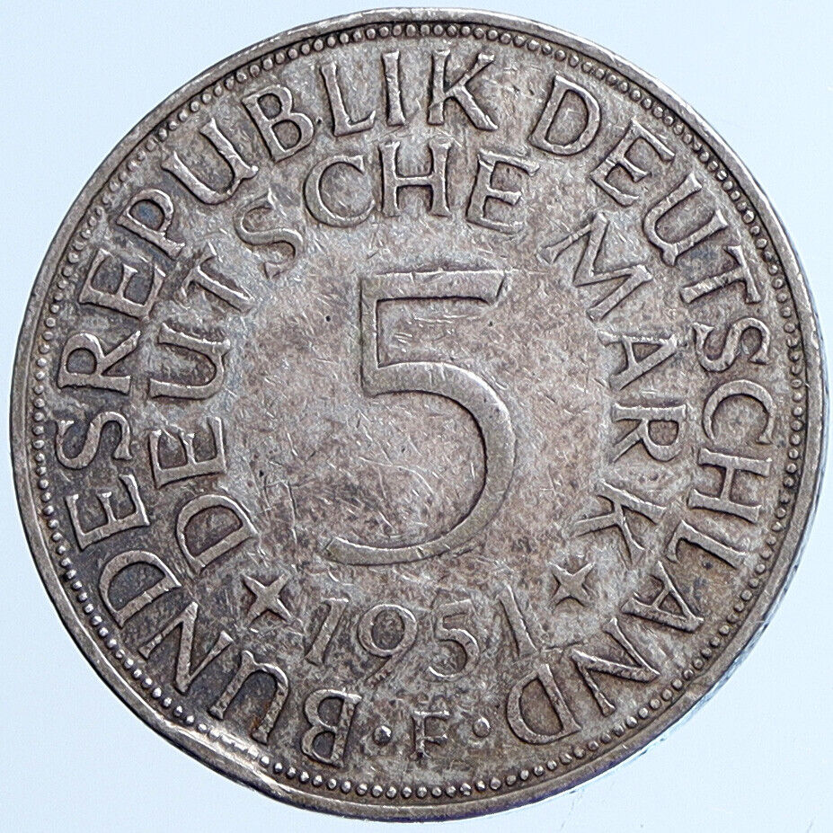 1951 F GERMANY Vintage Winged Eagle OLD German Large 5 Mark Silver Coin i113563