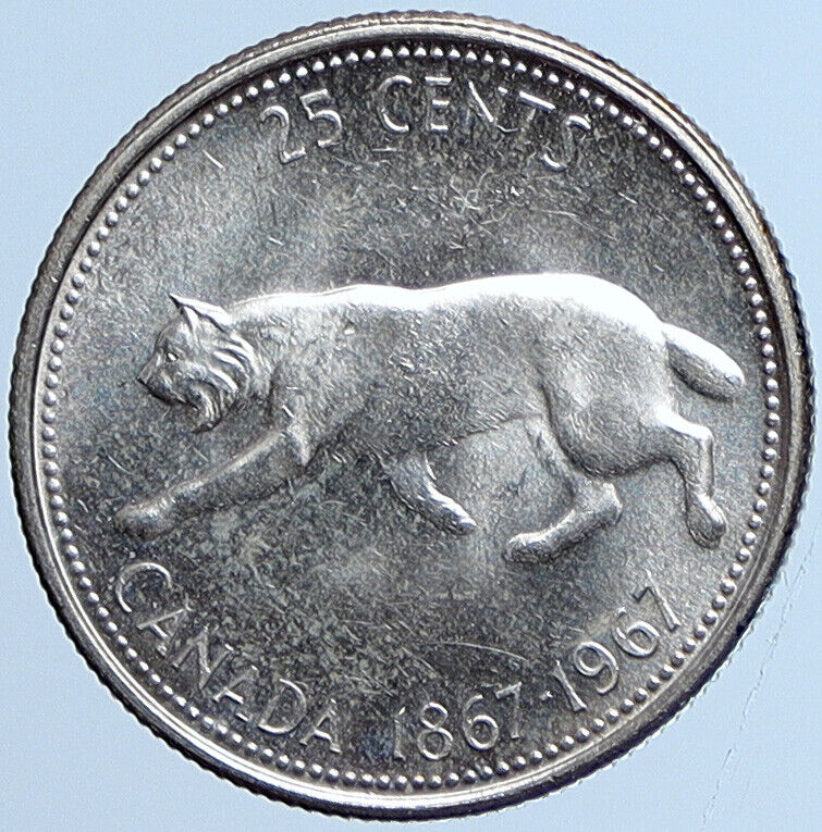 1967 CANADA Confederation Centennial Silver 25 Cents Coin LYNX Wild Cat i113568