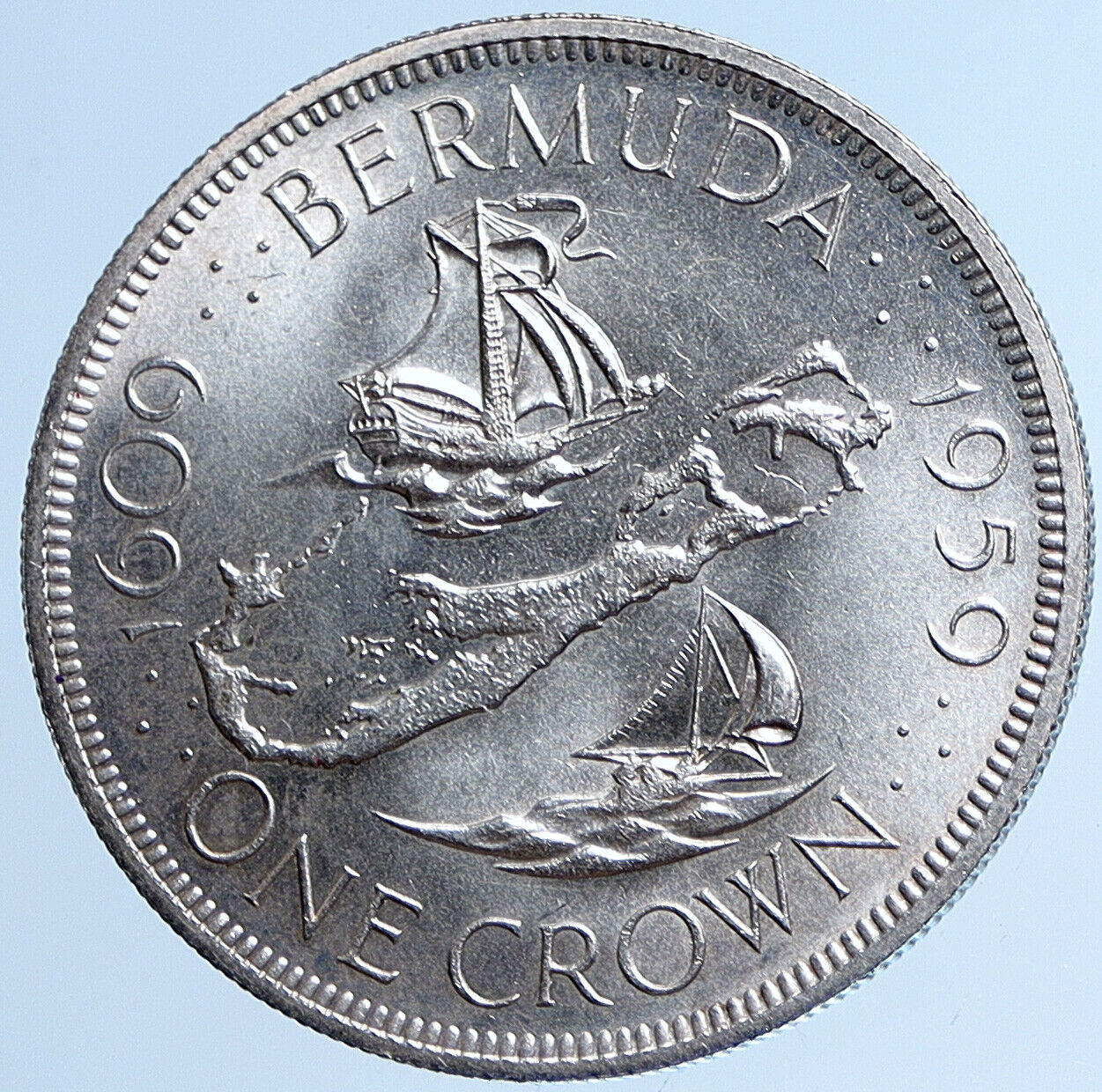 1959 BERMUDA British Colony Elizabeth II LARGE Boats Silver Crown Coin i113562