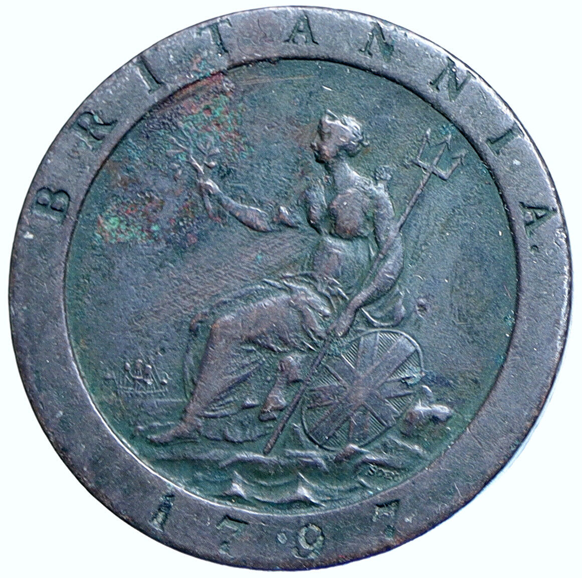 1797 UK Great Britain United Kingdom KING GEORGE III Genuine Penny Coin i113602