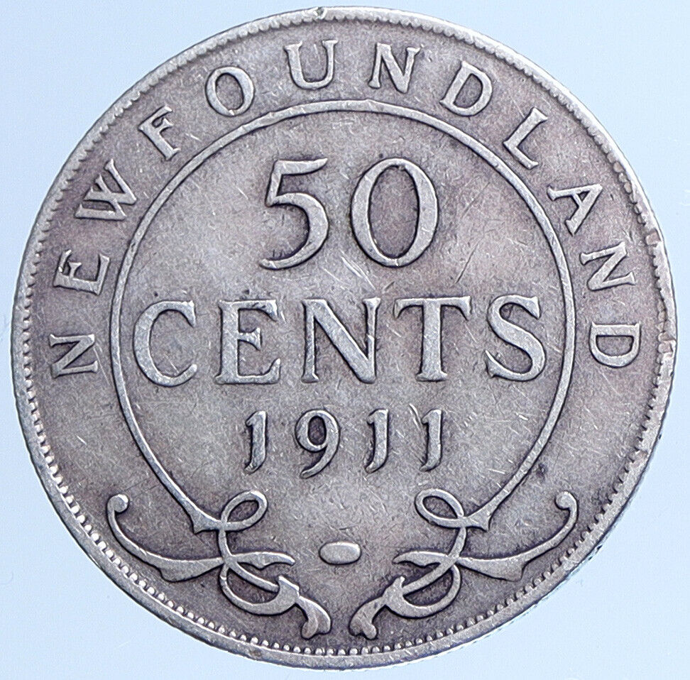 1911 CANADA Newfoundland UK King George V Genuine SILVER 50 CENTS Coin i113597