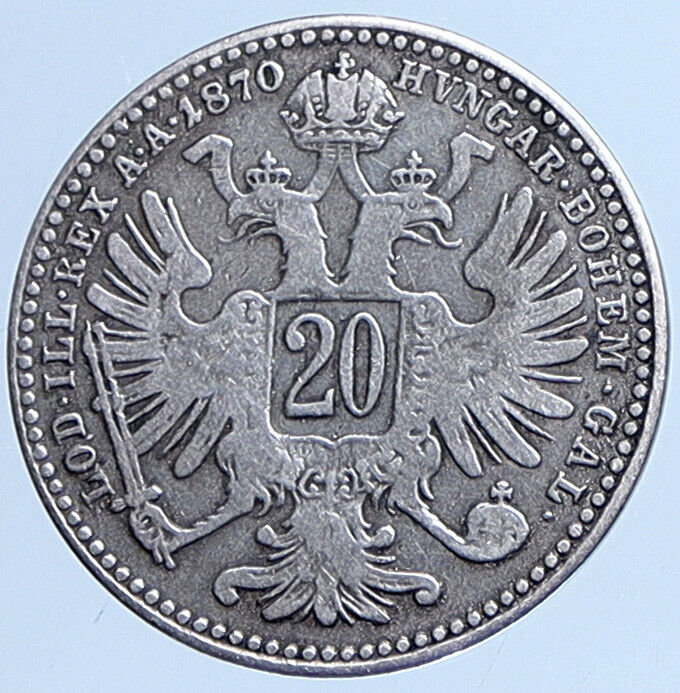 1870 AUSTRIA KING FRANZ JOSEPH I Eagle Antique Silver 20 Kreuzer Coin i113604