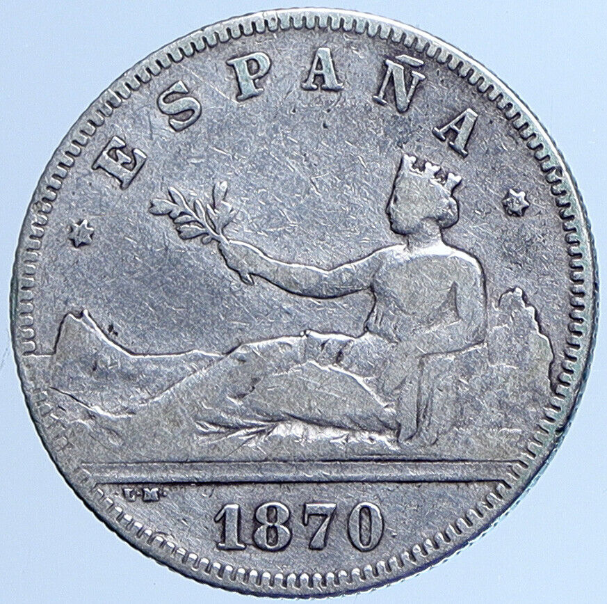1870 SPAIN Provisional Government Liberty ANTIQUE Silver 2 Pesetas Coin i113601