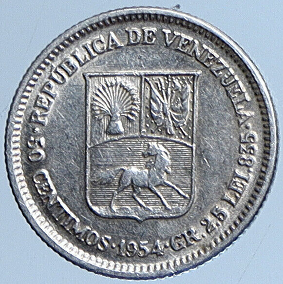 1954 Freemason President Simon Bolivar VENEZUELA Silver 50 Centavos Coin i113633