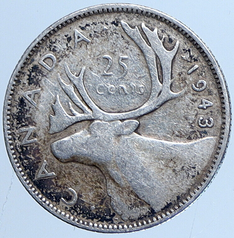 1943 CANADA King George VI Britain ANTLERS CARIBOU Silver 25 Cent Coin i113612