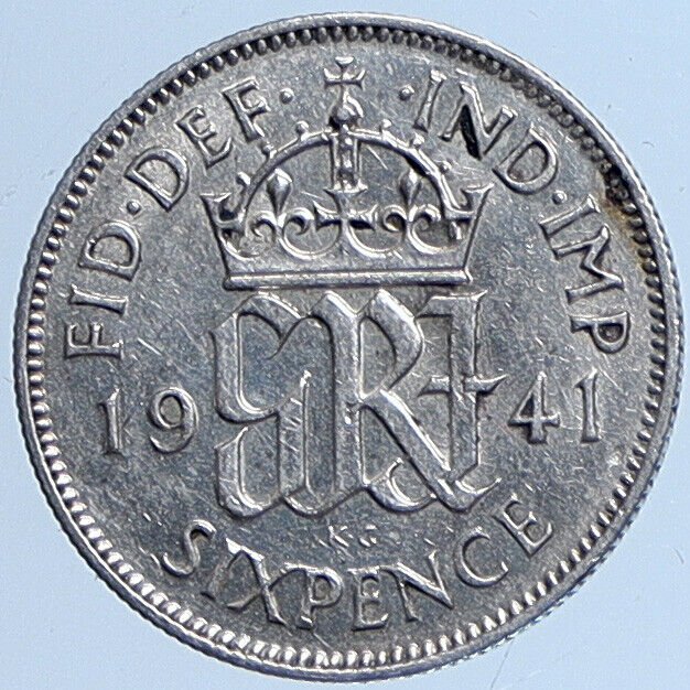 1941 UK Great Britain United Kingdom KING GEORGE VI Silver SIXPENCE Coin i113614