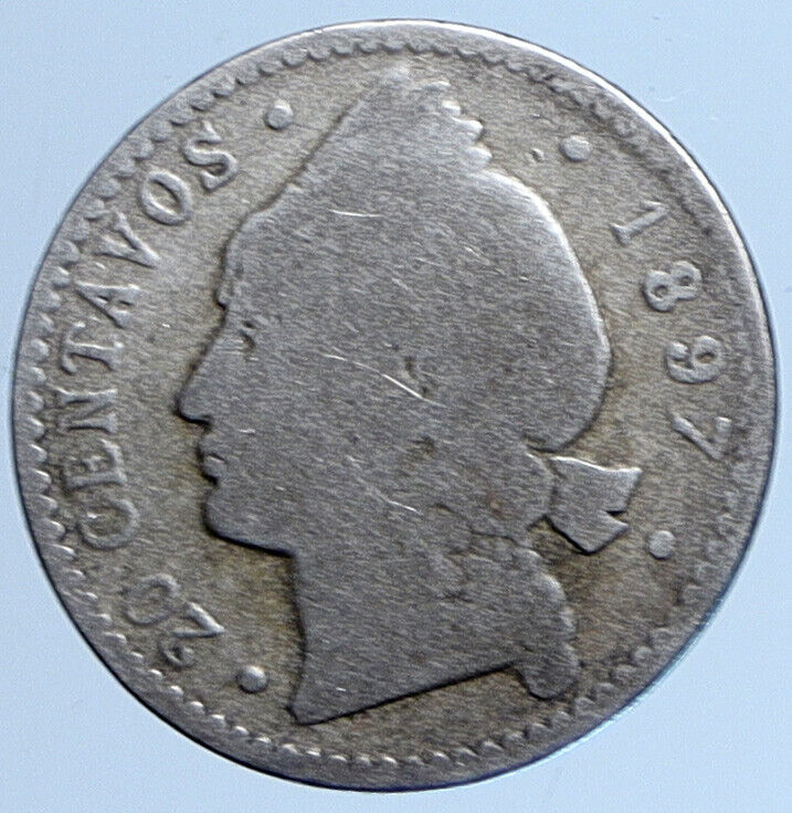 1897 A DOMINICAN REPUBLIC Woman of Liberty OLD Silver 20 Centavos Coin i113616
