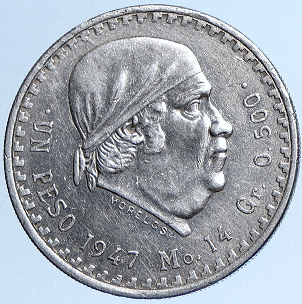 1947 Mo MEXICO Independence War HERO Jose Maria Morelos SILVER Peso Coin i113623
