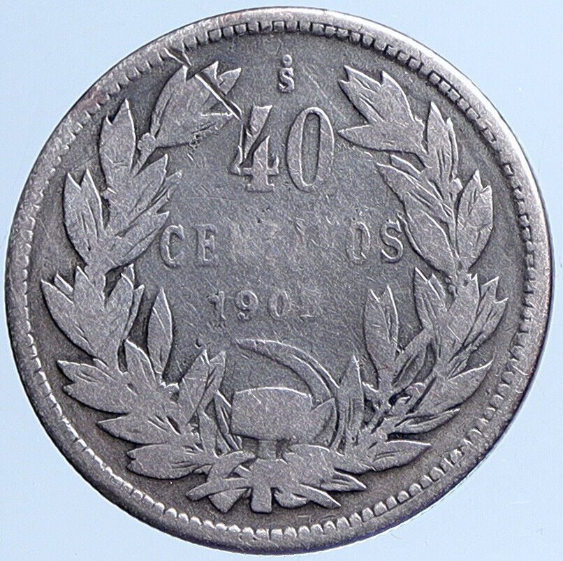 1908 CHILE Condor Bird ANTIQUE South American Silver 40 Centavos Coin i113606