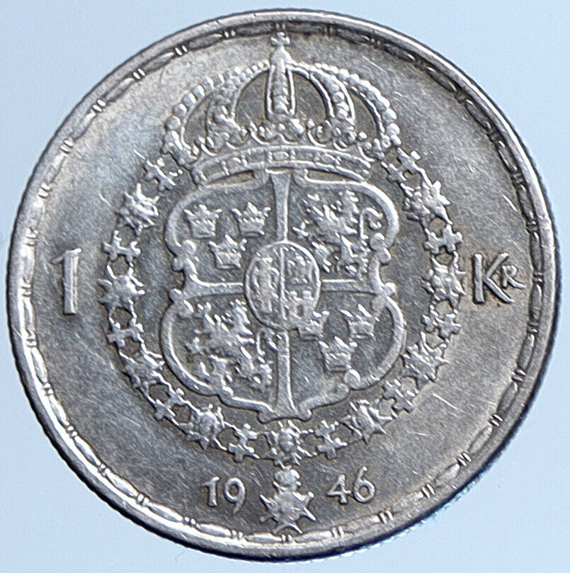 1946 SWEDEN King GUSTAV V ADOLF 1 Krona OLD Silver SWEDISH Vintage Coin i113622