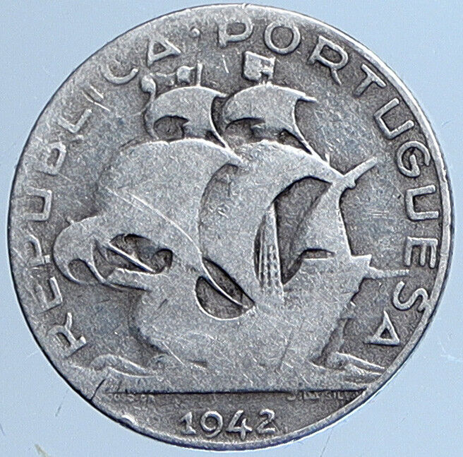 1942 PORTUGAL Sailing Boat SHIP Vintage OLD Silver 2 1/2 Escudos Coin i113630