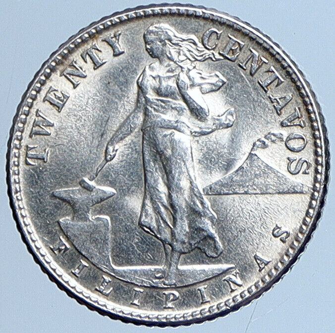 1944 D PHILIPPINES Under US Administration Eagle Silver 20 Centavos Coin i113624