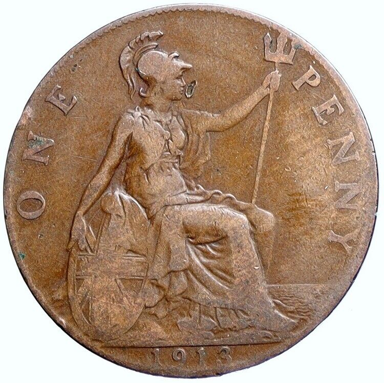 1913 Great Britain United Kingdom UK King GEORGE V Antique Penny Coin i113773
