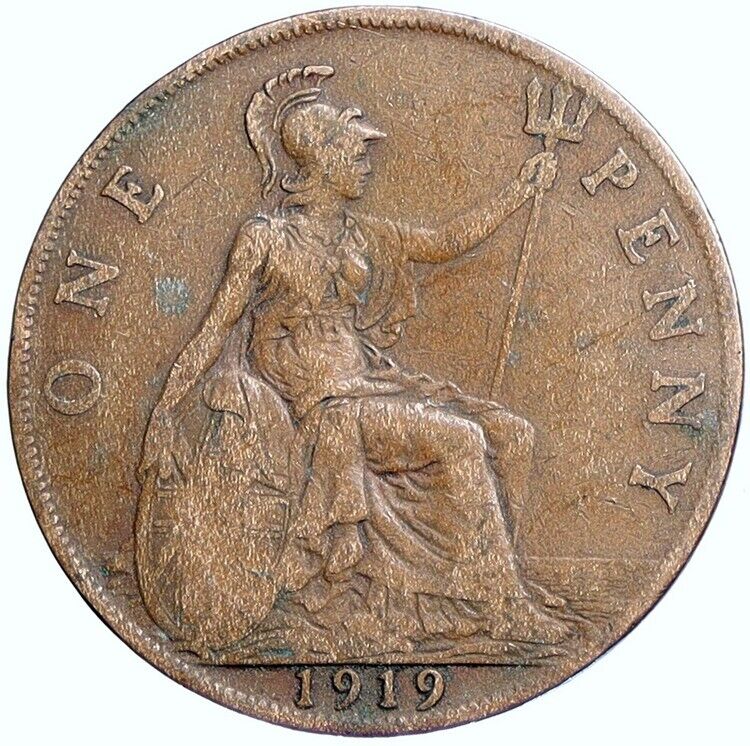 1919 Great Britain United Kingdom UK King GEORGE V Antique Penny Coin i113779