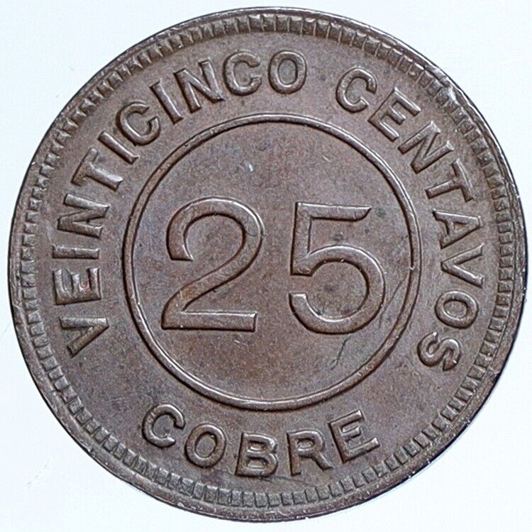 1915 GUATEMALA OLD Antique Genuine Radiant Provisional 25 Centavos Coin i113829