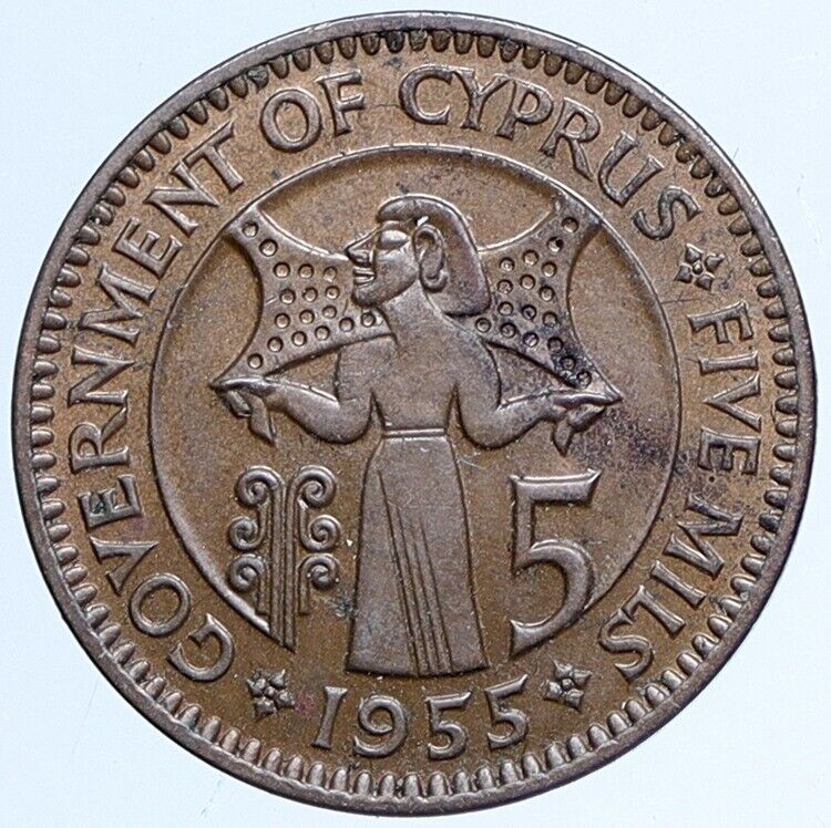 1955 CYPRUS UK Queen Elizabeth II Antique OLD Bronze Age 5 Mils Coin i113832