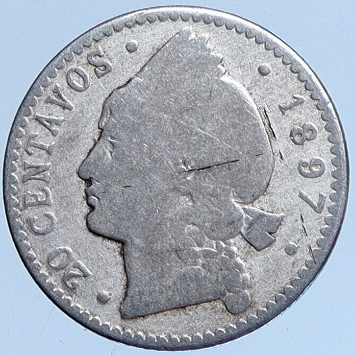 1897 A DOMINICAN REPUBLIC Woman of Liberty OLD Silver 20 Centavos Coin i114005