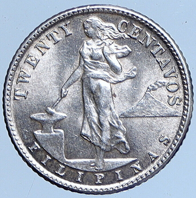 1944 D PHILIPPINES Under US Administration Eagle Silver 20 Centavos Coin i114000