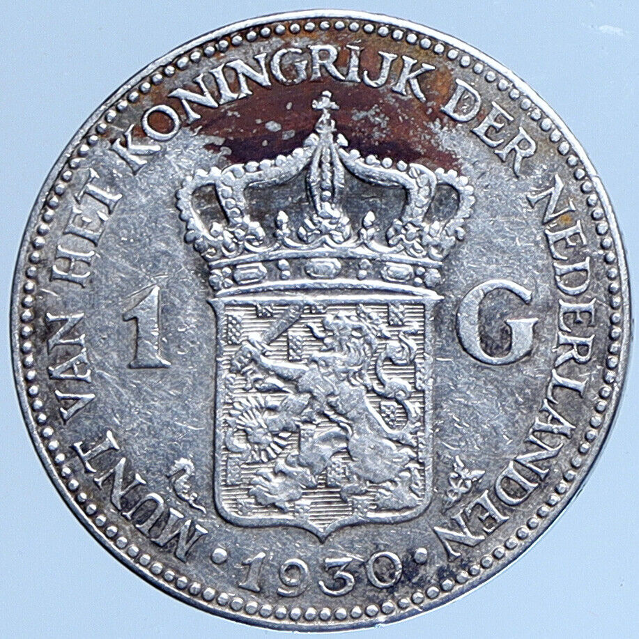 1930 Netherlands Kingdom w Queen WILHELMINA Antique Silver 1 Gulden Coin i114002