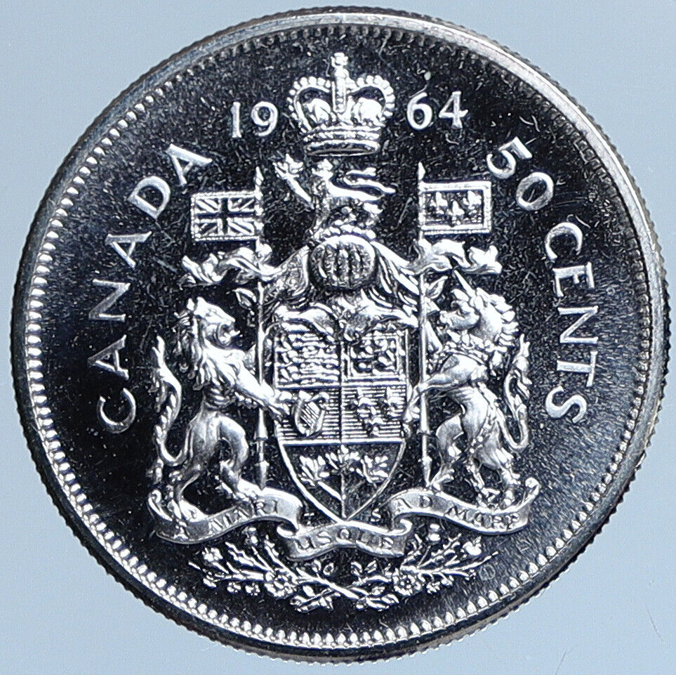 1964 CANADA Queen Elizabeth II Arms Crown VINTAGE SILVER 50 Cents Coin i114037