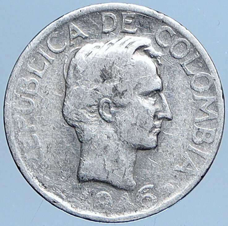 1946 COLUMBIA Simon Bolivar Eagle Shield Genuine Silver 20 Centavos Coin i114049