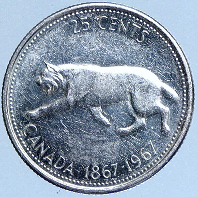 1967 CANADA Confederation Centennial Silver 25 Cents Coin LYNX Wild Cat i114010