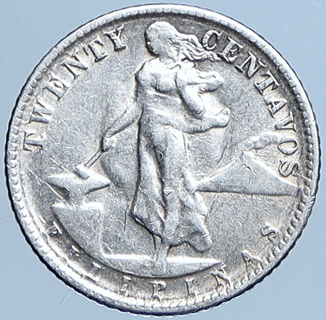 1945 D PHILIPPINES Under US Administration Eagle Silver 20 Centavos Coin i114047