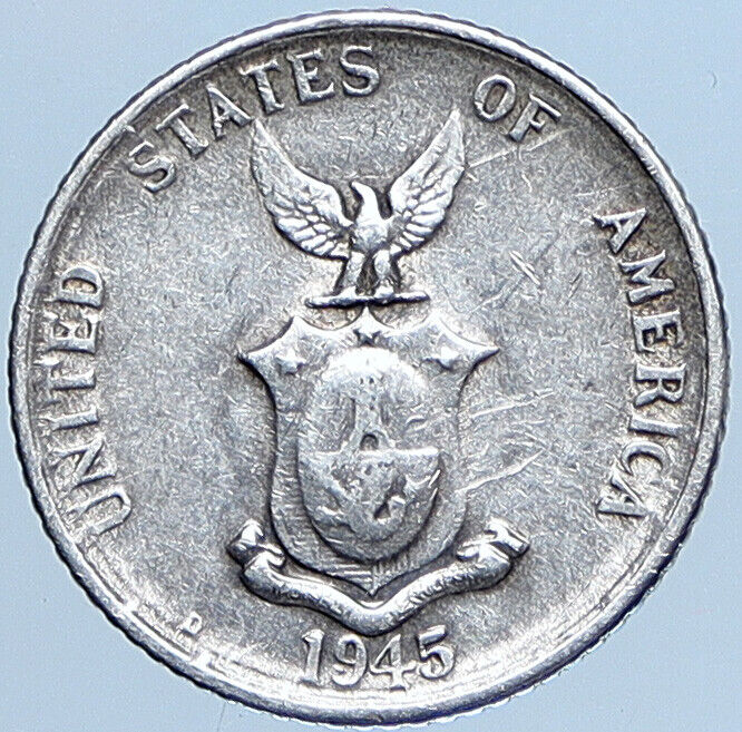 1945 D PHILIPPINES Under US Administration Eagle Silver 20 Centavos Coin i114047