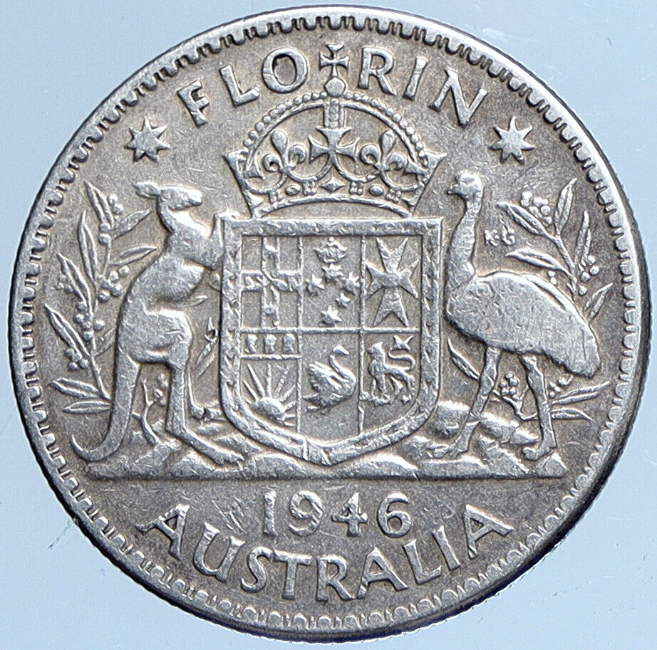 1946 AUSTRALIA UK King George VI Kangaroos Antique Silver Florin Coin i114041