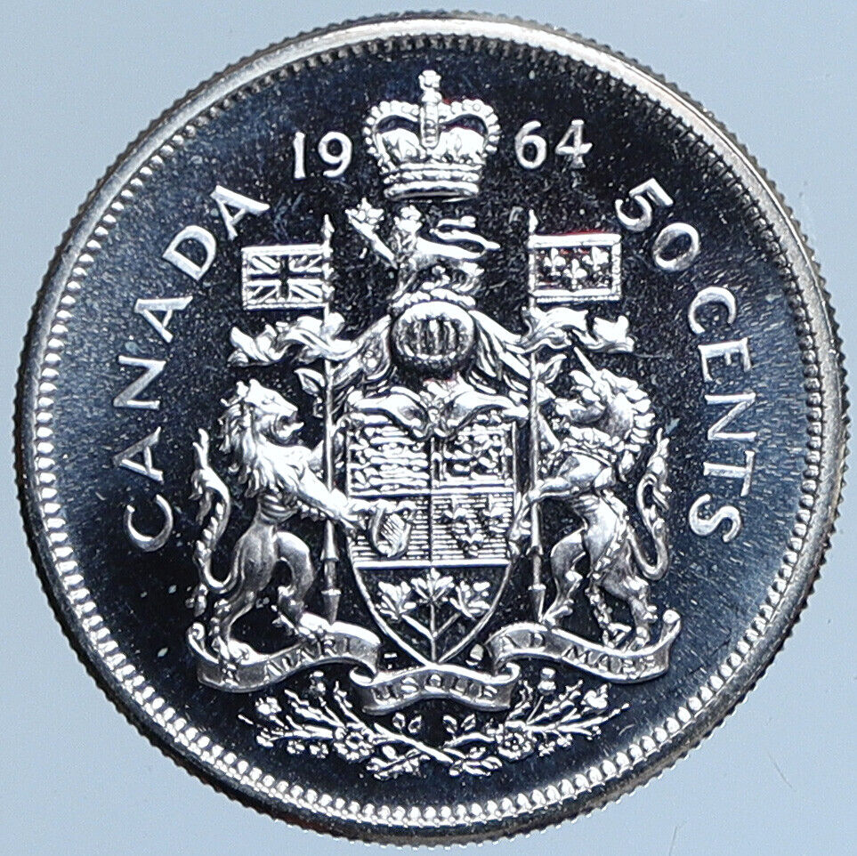 1964 CANADA Queen Elizabeth II Arms Crown VINTAGE SILVER 50 Cents Coin i114033
