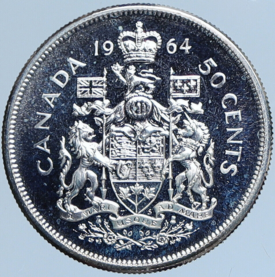 1964 CANADA Queen Elizabeth II Arms Crown VINTAGE SILVER 50 Cents Coin i114029