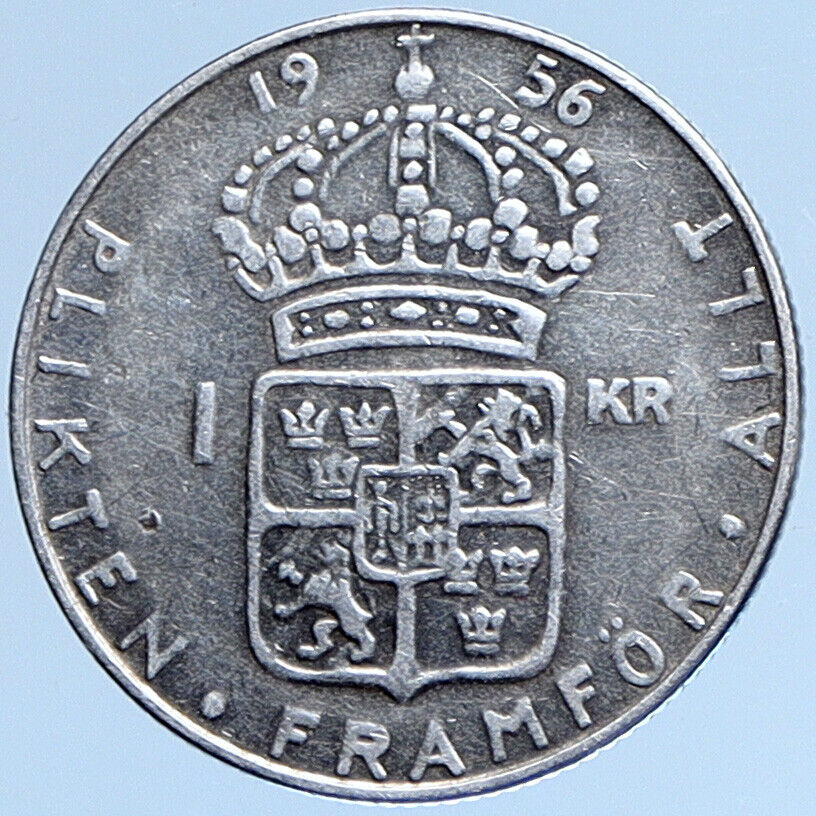 1956 SWEDEN King GUSTAV VI ADOLF Krona Silver SWEDISH Coin Coat of Arms i114009