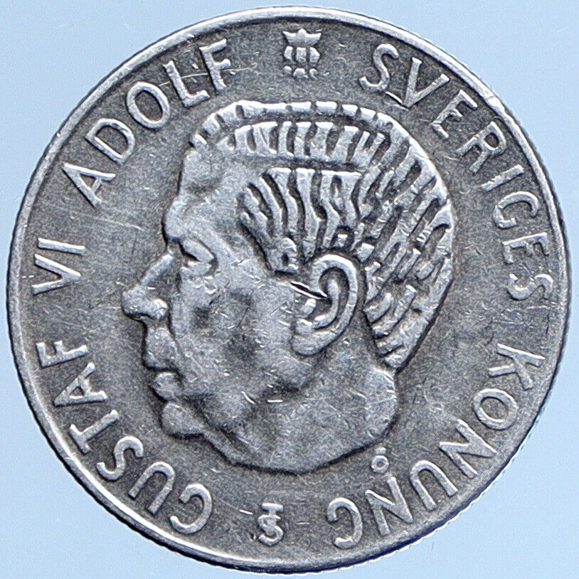 1956 SWEDEN King GUSTAV VI ADOLF Krona Silver SWEDISH Coin Coat of Arms i114009