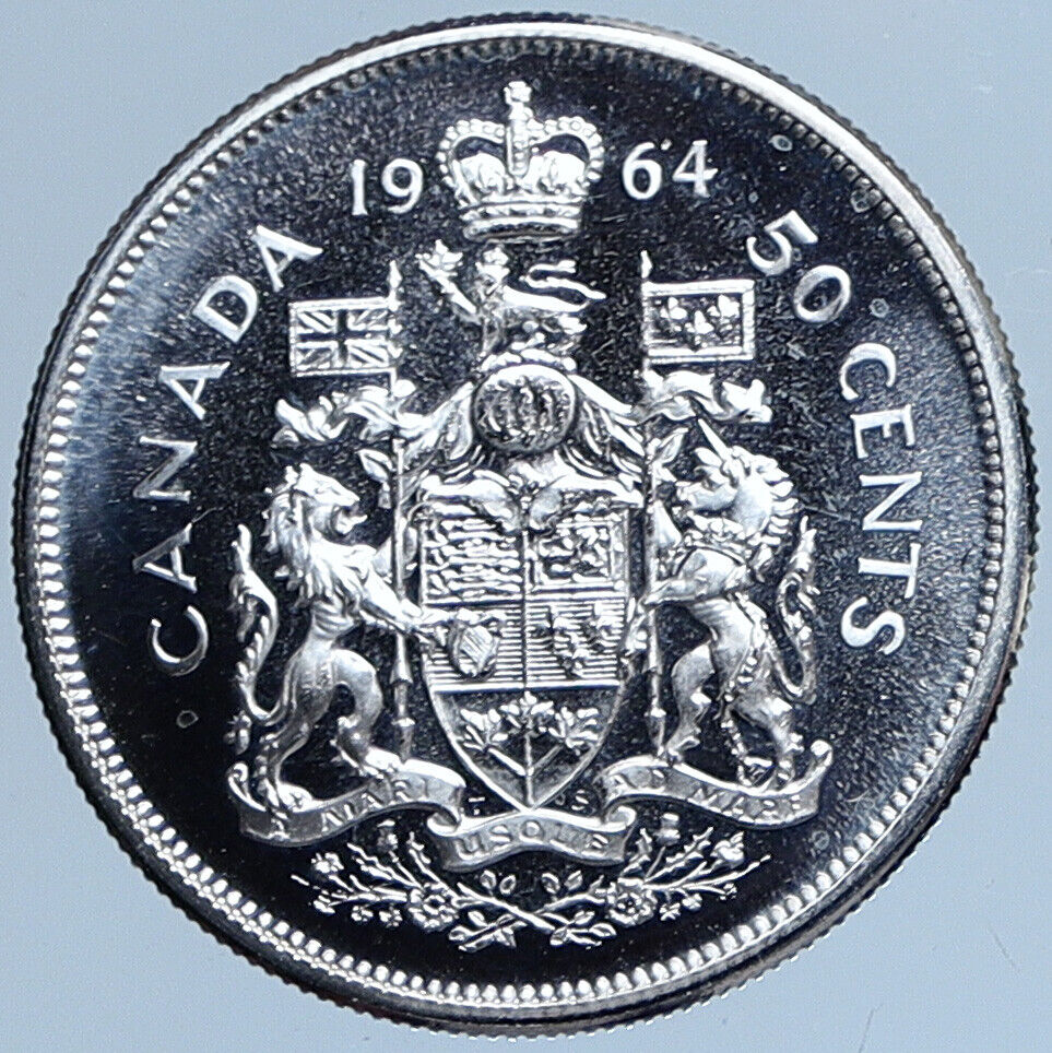 1964 CANADA Queen Elizabeth II Arms Crown VINTAGE SILVER 50 Cents Coin i114030