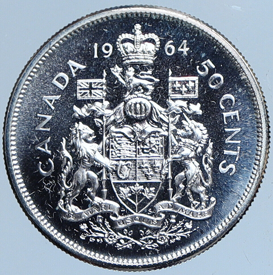 1964 CANADA Queen Elizabeth II Arms Crown VINTAGE SILVER 50 Cents Coin i114026