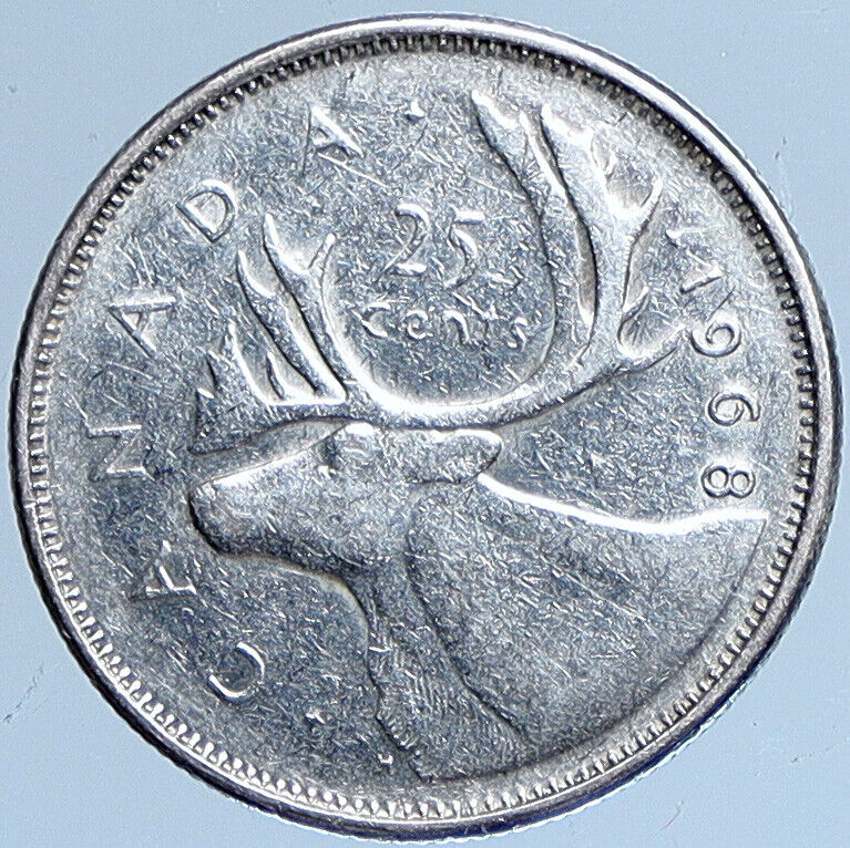 1968 CANADA United Kingdom UK Elizabeth II CARIBOU Silver 25 Cent Coin i114043