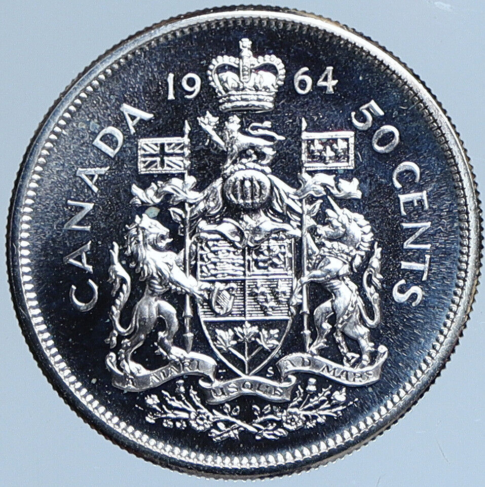 1964 CANADA Queen Elizabeth II Arms Crown VINTAGE SILVER 50 Cents Coin i114034