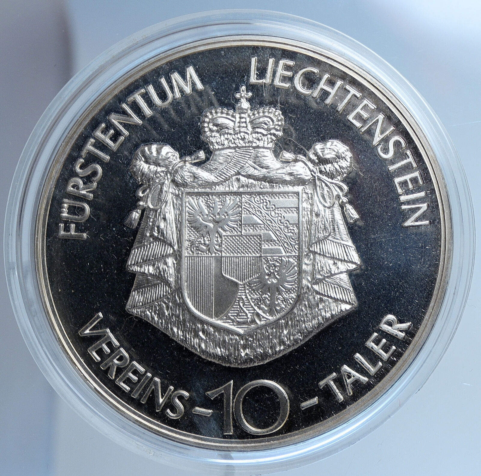 1986 LIECHTENSTEIN Franz Josef II VADUZ CASTLE Prf Silver 10 Taler Coin i114124