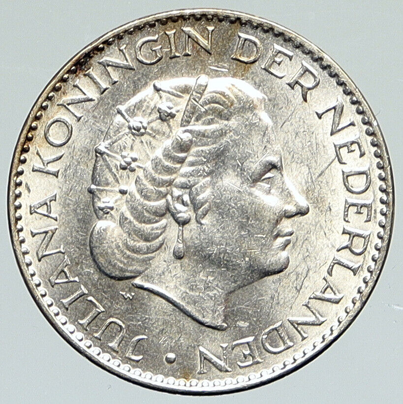 1957 NETHERLANDS Kingdom Queen JULIANA Vintage OLD Silver 1 Gulden Coin i112217