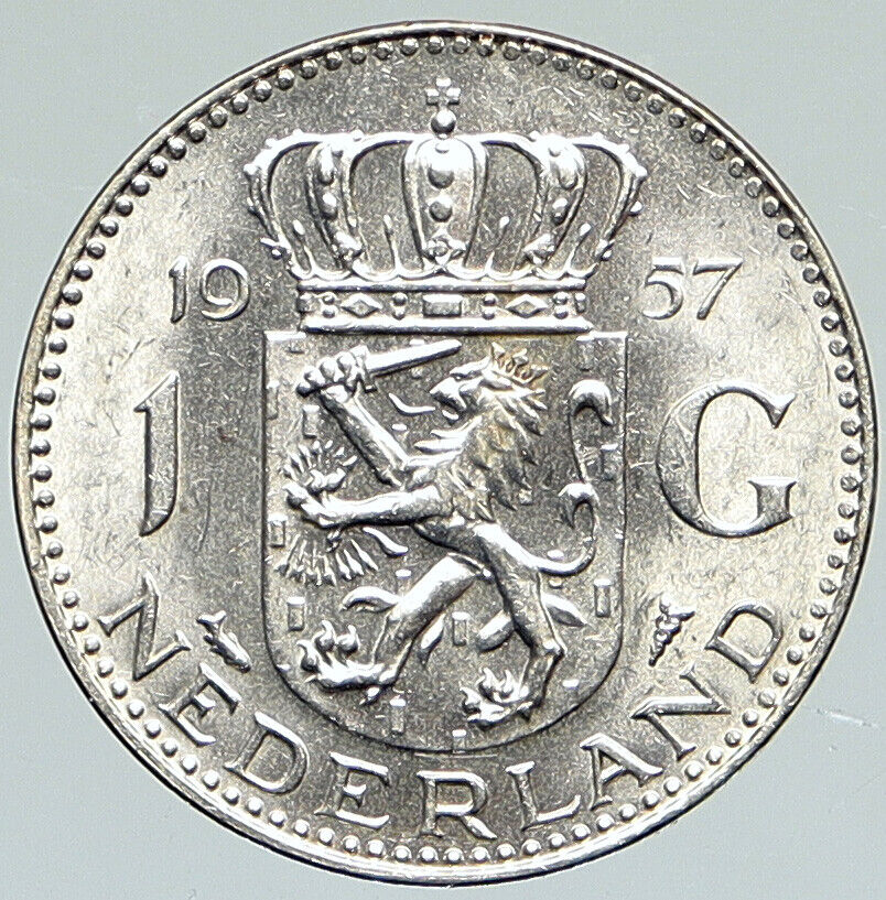 1957 NETHERLANDS Kingdom Queen JULIANA Vintage OLD Silver 1 Gulden Coin i112217