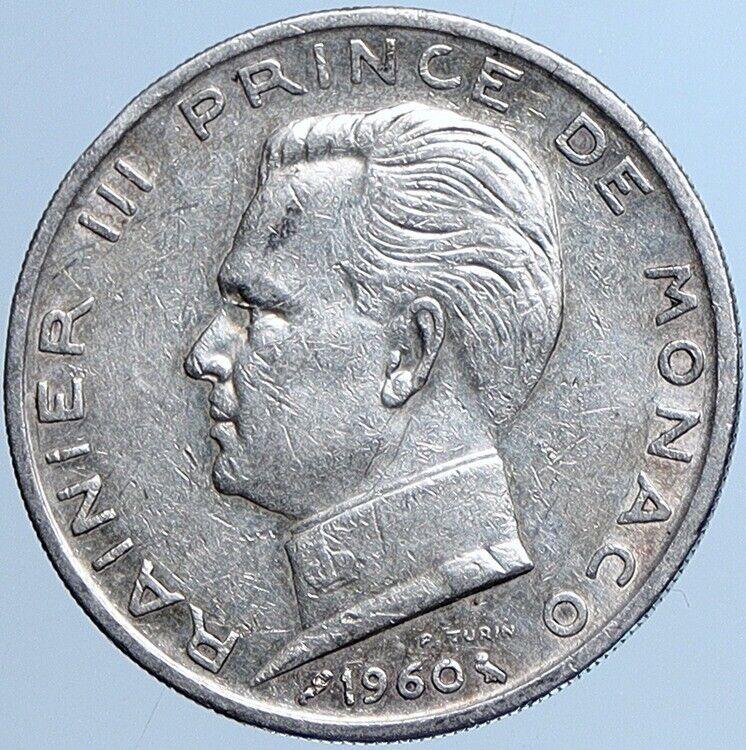 1960 MONACO King Rainier III Crown Antique Genuine Silver 5 Franc Coin i113823