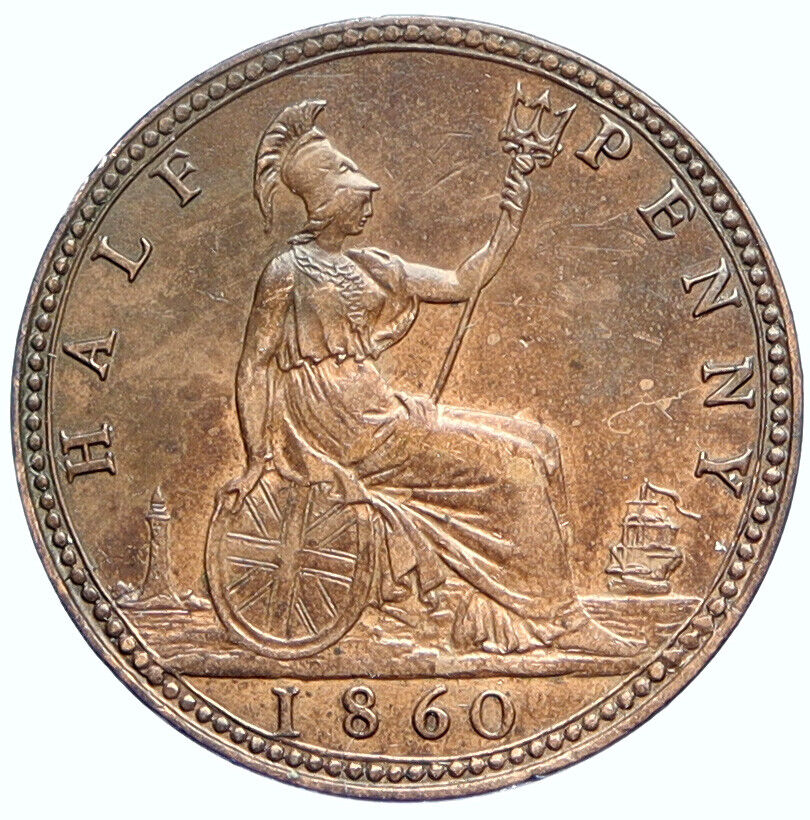 1860 UK Great Britain United Kingdom QUEEN VICTORIA 1/2 Half Penny Coin i112774