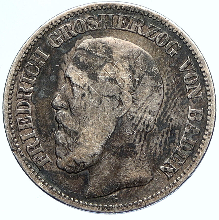 1877 GERMANY GERMAN STATE BADEN Duke Friedrich I Old Silver 2 Mark Coin i112768