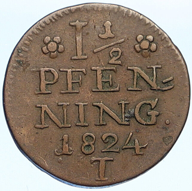 1824 T GERMAN STATES Leopold II Lippe Principality 1 1/2 Pfennig Coin i112879