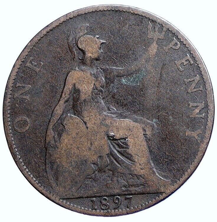 1897 UK Great Britain United Kingdom QUEEN VICTORIA Penny Antique Coin i113787