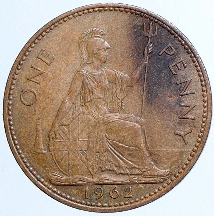 1962 UK Great Britain QUEEN ELIZABETH II Britannia Vintage 1 Penny Coin i113789