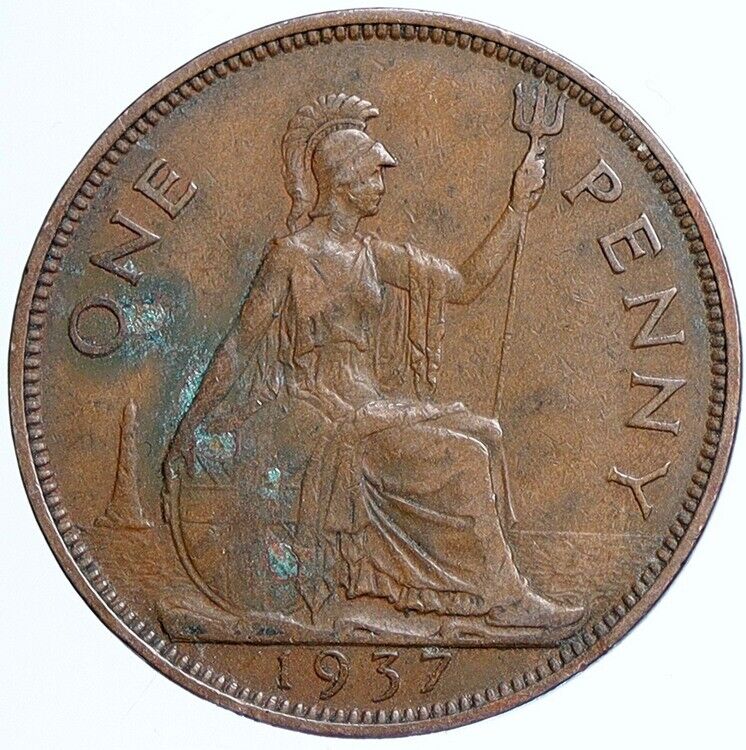 1937 Great Britain UK United Kingdom King George VI VINTAGE 1 Penny Coin i113790
