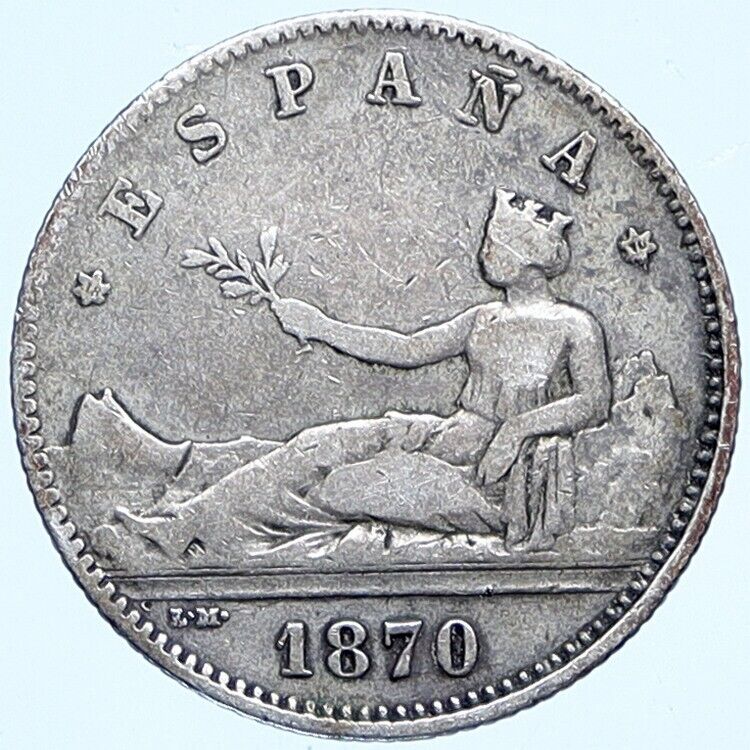 1870 SPAIN Provisional Government Liberty ANTIQUE Silver 1 Peseta Coin i114151