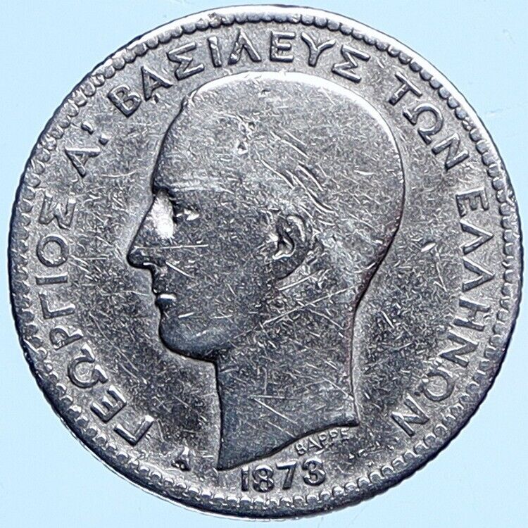 1873 A GREECE King GEORGE I Vintage ANTIQUE Crowned Silver Drachma Coin i114157